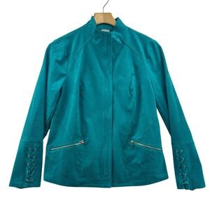 Chicos Teal Suede Like Moto Jacket Zipper Lace Up Detail Women Size 1